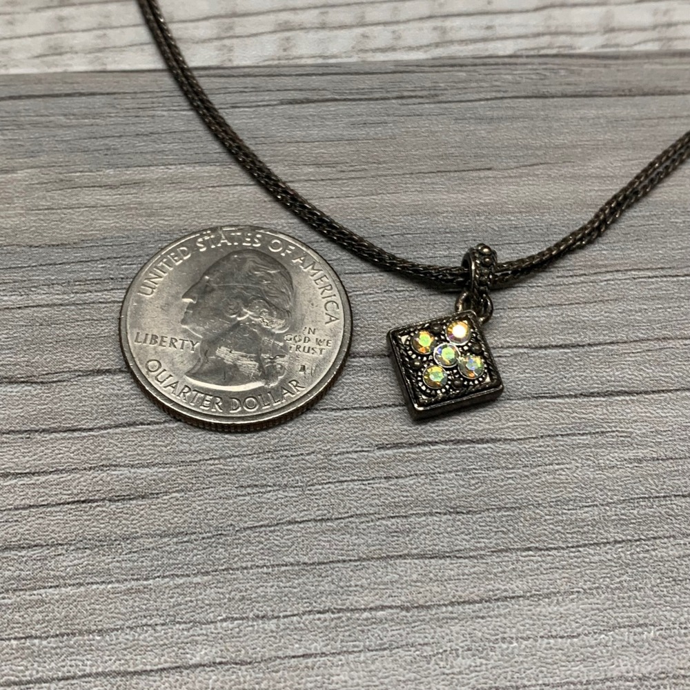 Napier Gunmetal Double Strand Necklace Square Aurora Borealis Rhinestone Pendant - Picture 6 of 7
